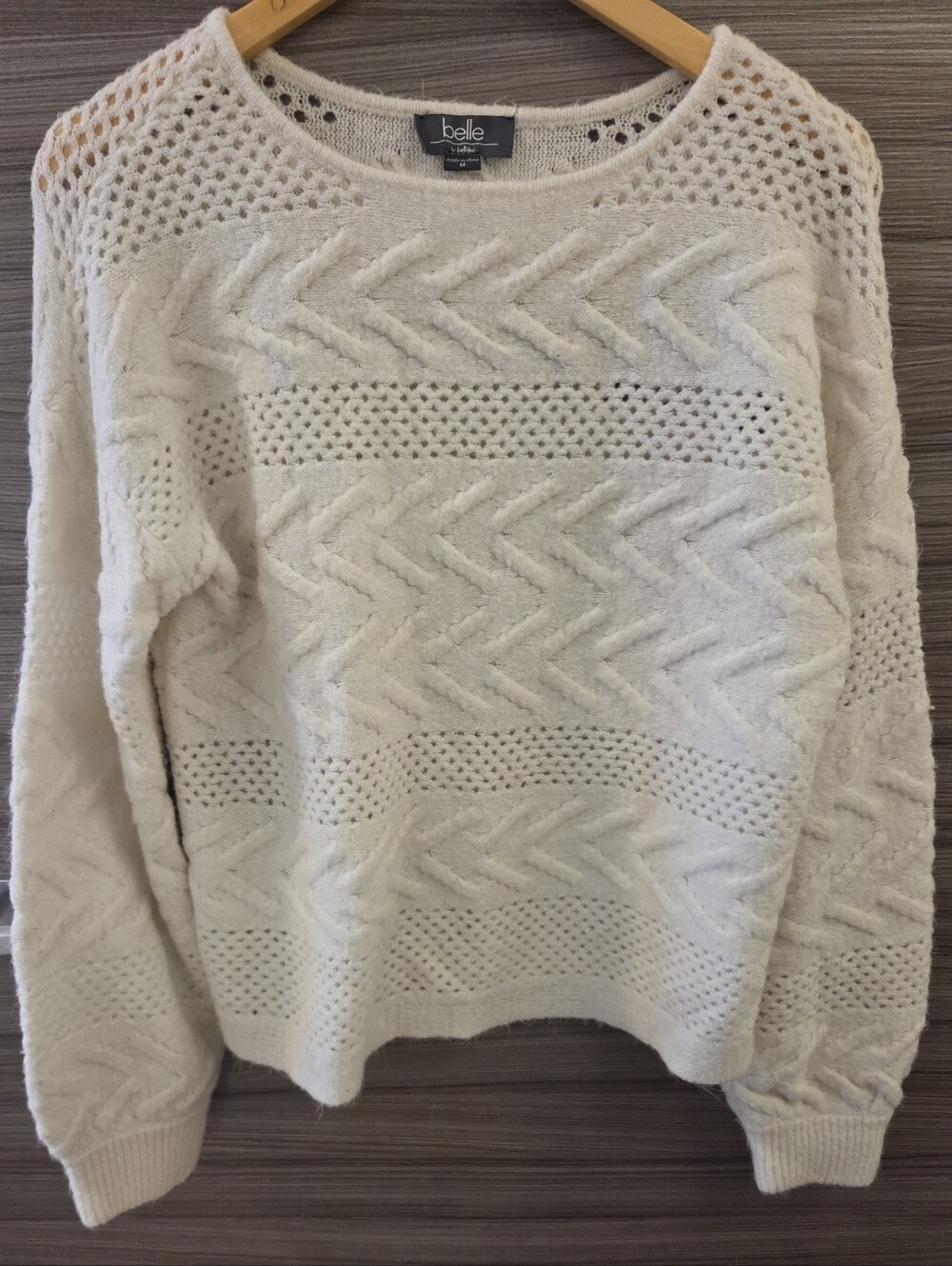 Belle by Belldini White Cable Knit Chevron Pointelle Boatneck Sweater